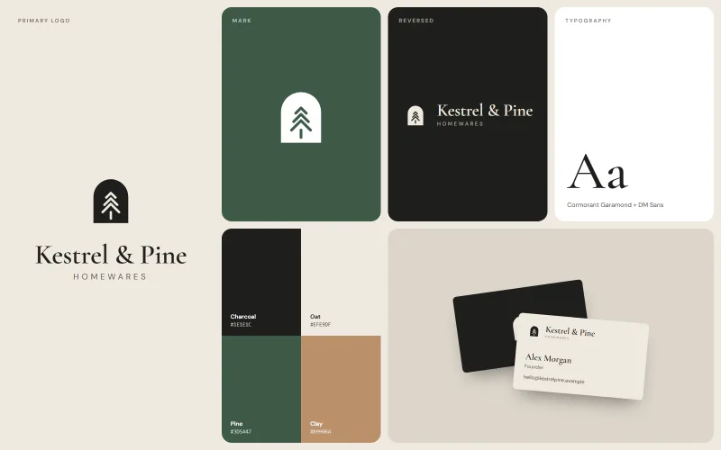 Kestrel & Pine brand board: logo, mark, colour palette, typography and business cards