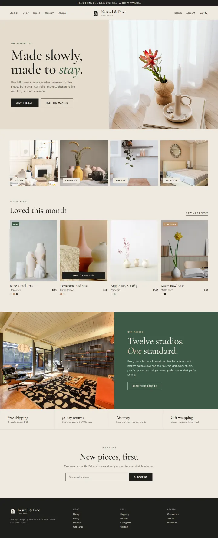 Kestrel & Pine homepage design, full page
